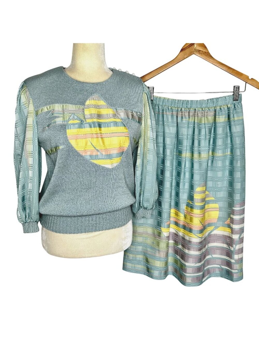 Vintage Leslie Fay 70s Knit Sweater Skirt Set Pastel Blue Yellow Stripe Sz 12